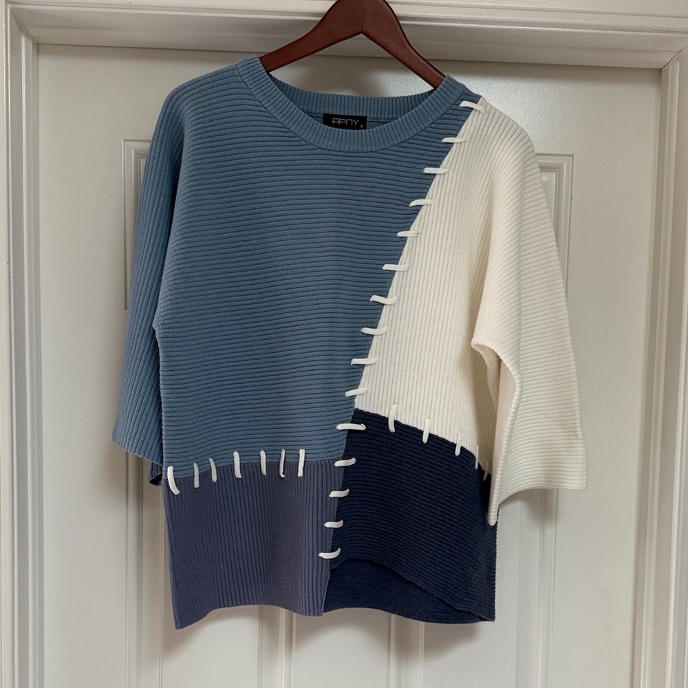 APNY Contrast Stitch Colorblock Crewneck Sweater in Blue and White